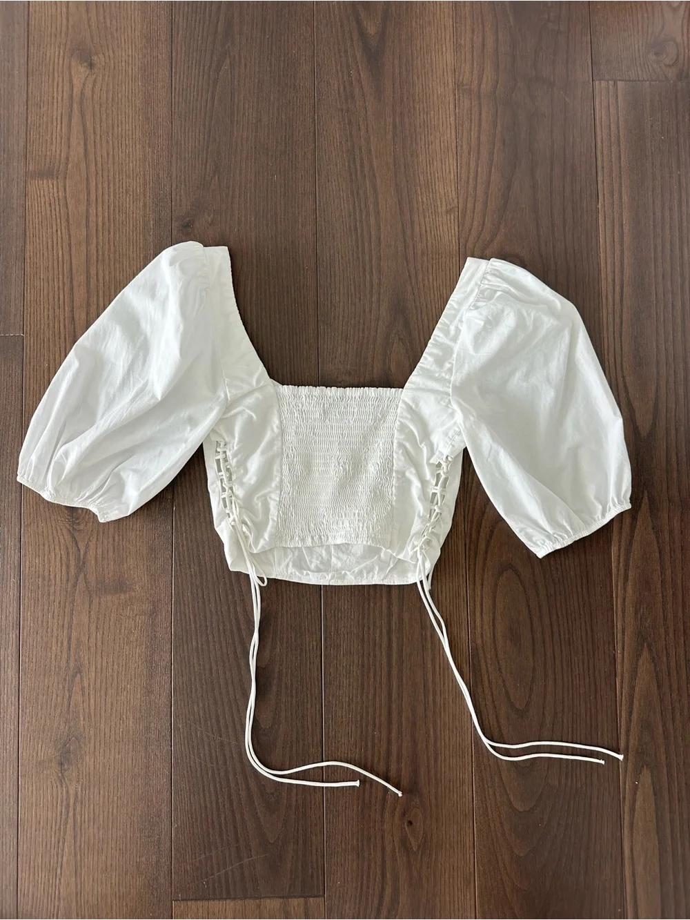 Abercrombie & Fitch White Puff-Sleeve Crop Top with Side Ties